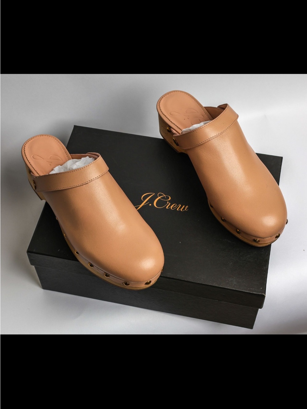J. Crew Leather Tan Clog Mules with Studded Welt